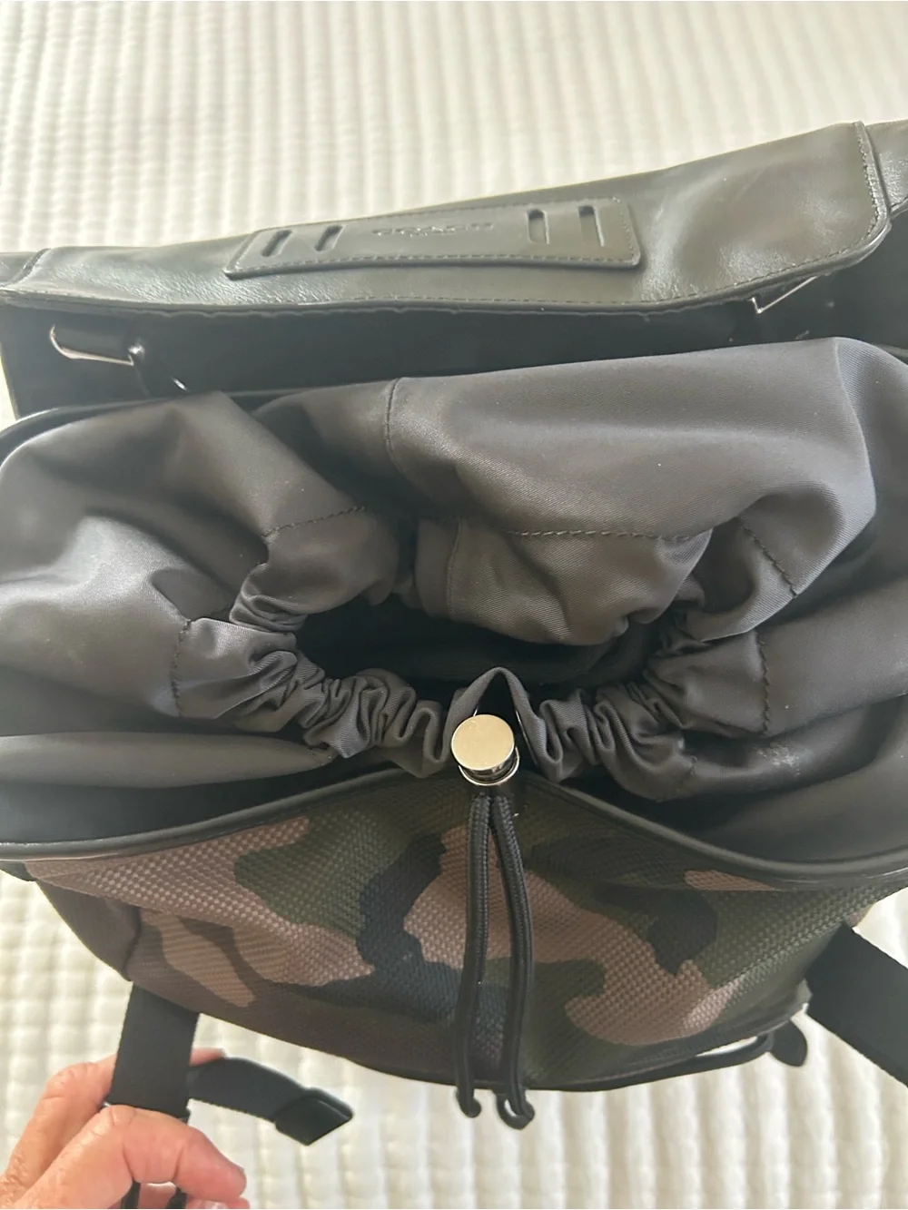 Coach Camouflage Drawstring Backpack w/ leather accents Black, Brown, Green
